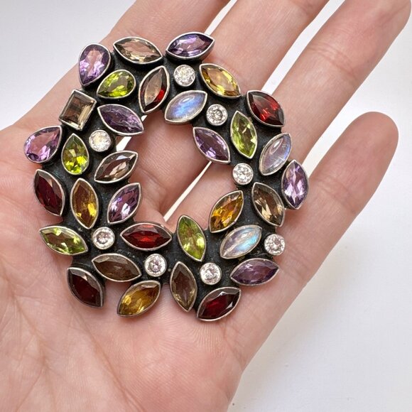 VTG Solid Sterling Silver 925 Multi-Gemstone Circle Brooch Size 1.25" Length - Picture 10 of 13